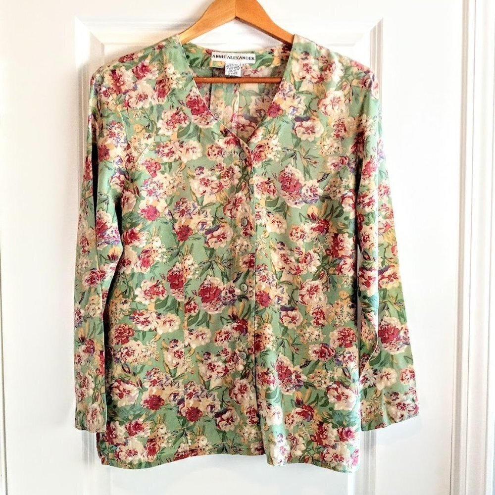 Annie Alexander Green Pink Floral Silk Blouse